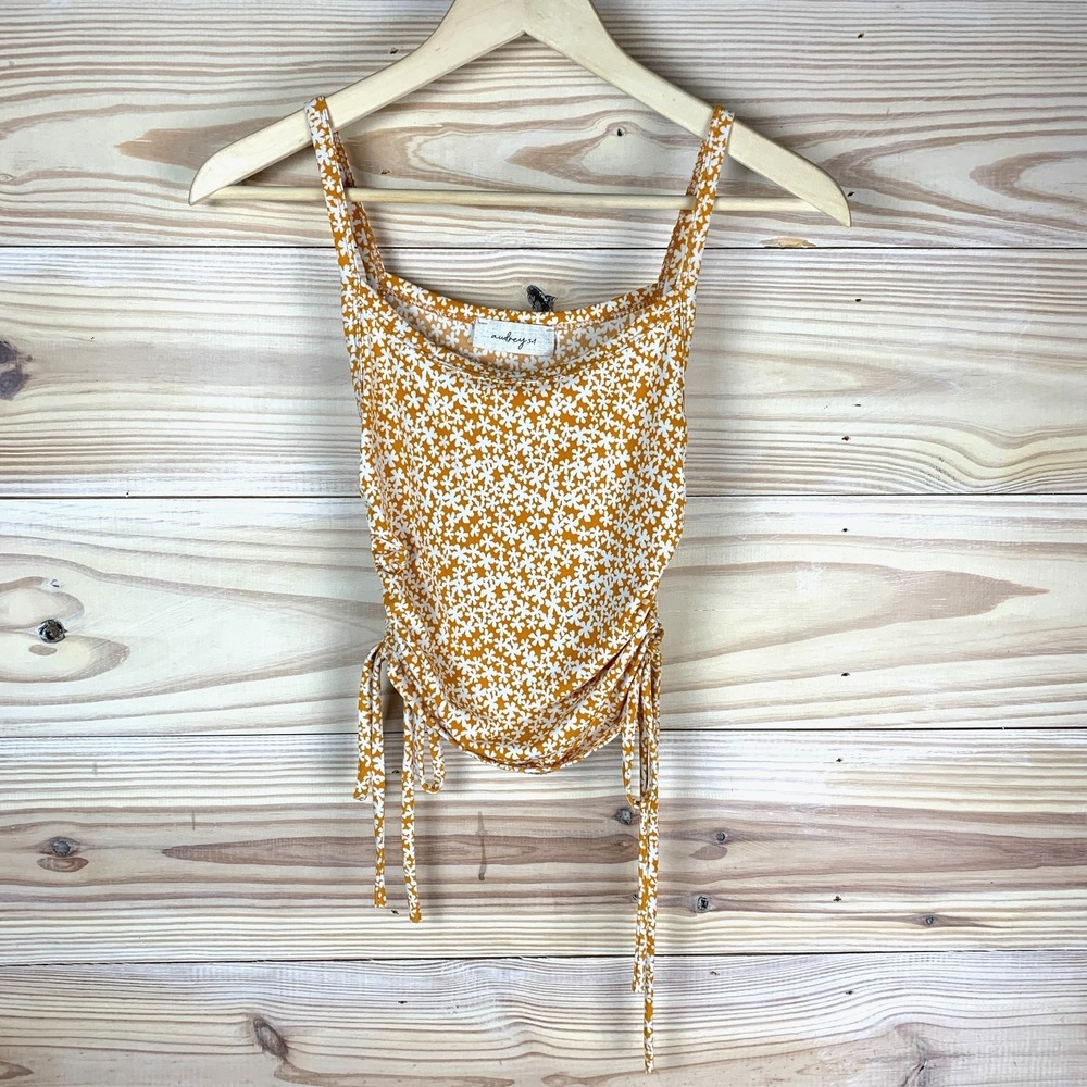 Y2K Audrey 3+1 Tank‎ Top Women Small Kawaii Cinch Tie Sides Floral Orange Beach